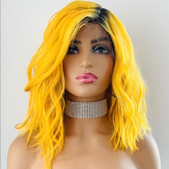 12” Deep Yellow Lace Front Wig with Dark Roots - Picture 5 of 6